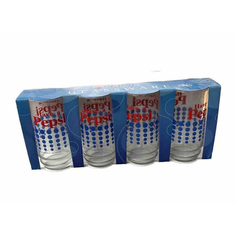 New Set of 4 Indiana Glass Pepsi Drinking Glasses in Box 16 oz 31395